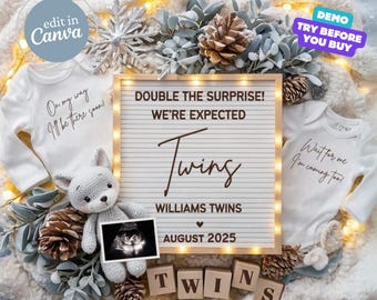 May include: A white letter board with the text "Double the surprise! We're expected Twins Williams Twins August 2025" surrounded by white onesies, a crocheted wolf toy, and a sonogram image. The onesies have the text "On my way I'll be there soon!" and "Wait for me I'm coming too!"