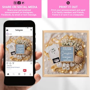 May include: A baby announcement displayed on a smartphone and in a framed presentation. The announcement includes a baby onesie, ultrasound image, and a sign that reads "We're adding a little more sunshine to our family! August 2025."