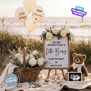 Beach Pregnancy Announcement Digital, Summer Baby Announcement, Nautical Baby Reveal, Instant Download Editable Social Media Template Little