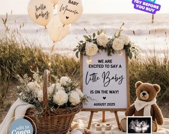 Beach Pregnancy Announcement Digital, Summer Baby Announcement, Nautical Baby Reveal, Instant Download Editable Social Media Template Little