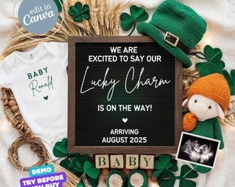 St. Patrick's Pregnancy Announcement, St. Patricks Day Baby Announcement, Social Media Baby Reveal Template, Instant Download, Lucky Charm