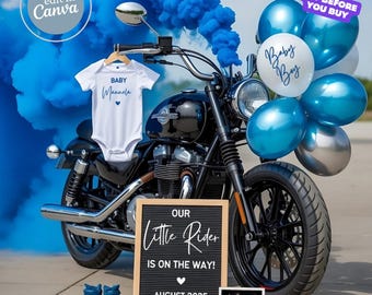 Motorcycle Pregnancy Announcement, Little Biker Baby Boy Reveal Digital New Bike Rider Baby Announcement Blue Smoke Gender Reveal Template