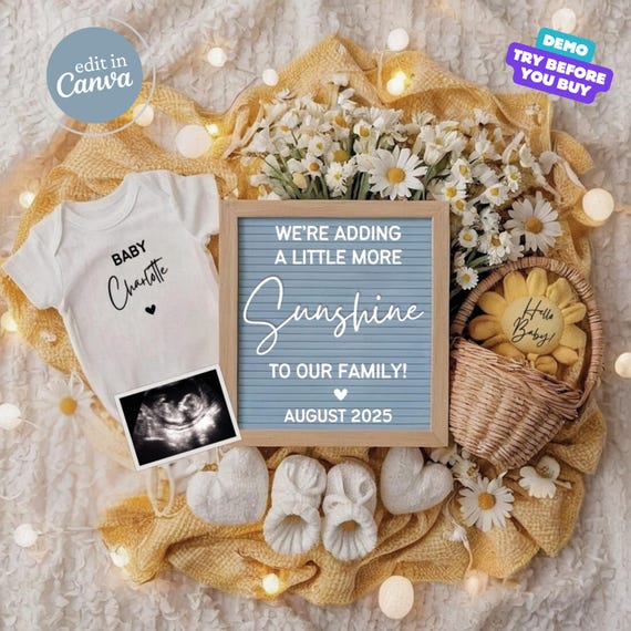 Simple Summer Pregnancy Announcement Digital Template, Editable Boho Sunshine  Baby Announcement, Gender Neutral Baby Reveal, Sun Daisies