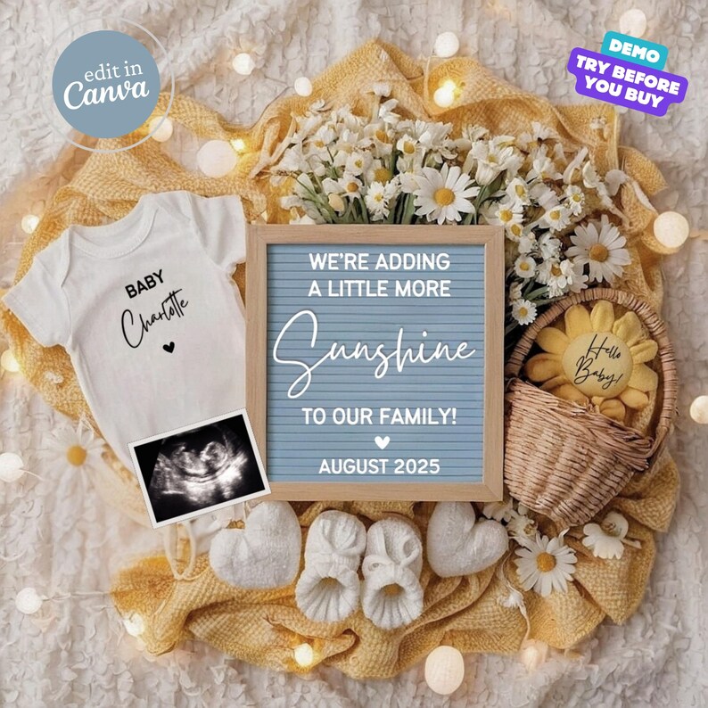 May include: A baby announcement featuring a white onesie with "Baby Charlotte" printed on it, an ultrasound image, and a letter board that reads "We're adding a little more sunshine to our family! August 2025." The scene includes baby shoes, hearts, and daisies.
