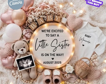 Floral Baby Girl Schwangerschaftansage, Frühlings-Baby Girl Reveal, bearbeitbare Social Media Es ist eine Vorlage für Girl Gender Reveal, kleine Schwester