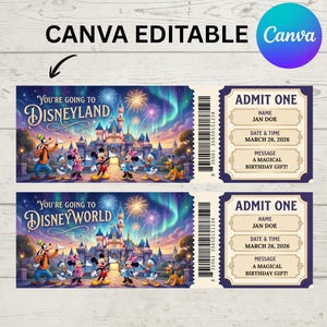 Canva Editable Mouse Theme Disneyland Ticket PNG, Printable Admit One Surprise Trip Gift PNG, Birthday Park Reveal Ticket Digital