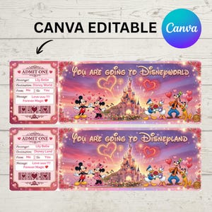 Puede incluir: Dos boletos con temática de Disney con el texto "You are going to Disneyland" y "You are going to Disneyworld". Los boletos presentan a Mickey y Minnie Mouse, Donald y Daisy Duck y Goofy.