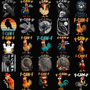 Puede incluir: Una colección de ilustraciones de dibujos animados con cuervos y gallos con el texto "F-CAW-F". Las imágenes están en varios estilos, incluyendo aquellos con una luna, calavera y bandera americana.