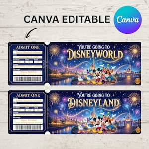 Puede incluir: Dos boletos de Disney de color azul marino con texto dorado que dice "You're going to Disneyland" y "You're going to Disneyworld". Los boletos presentan personajes de Disney y fuegos artificiales. El texto "Canva Editable" está en la parte superior.