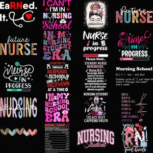 Puede incluir: Una colección de diseños gráficos con texto relacionado con la enfermería. Los diseños presentan frases como "Futura enfermera", "Escuela de enfermería" y "Enfermera en progreso". La paleta de colores incluye rosa, blanco y negro, con símbolos médicos.