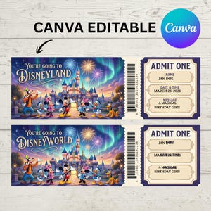 Canva Editable Mouse Theme Disneyland Ticket PNG, Printable Admit One Surprise Trip Gift PNG, Birthday Park Reveal Ticket Digital
