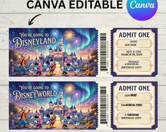 Canva Editable Mouse Theme Disneyland Ticket PNG, Printable Admit One Surprise Trip Gift PNG, Birthday Park Reveal Ticket Digital