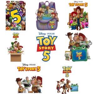 Pu&ograve; includere: Una raccolta di grafiche promozionali Disney Pixar Toy Story 5 con Woody, Buzz Lightyear, Jessie, Bullseye e altri personaggi. Le immagini includono uno zaino viola, una scatola di cartone e il logo testuale ufficiale del film Toy Story 5.