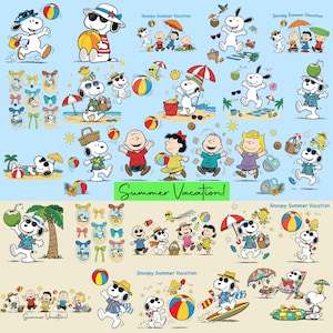Puede incluir: Un collage colorido de Snoopy y la pandilla de Peanuts disfrutando de unas vacaciones de verano. Snoopy aparece en varias escenas de playa con pelotas, sombrillas y palmeras. El texto incluye "Summer Vacation!" y "Snoopy Summer Vacation."