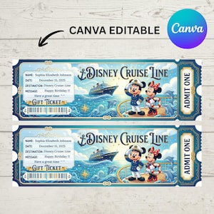 Puede incluir: Dos boletos de regalo de Disney Cruise Line con un diseño azul y dorado. Los boletos presentan a Mickey y Minnie Mouse, un crucero y el texto "Happy Birthday!!!". Los boletos están etiquetados como "Canva Editable".