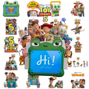 Puede incluir: Una tableta verde con forma de rana con una pantalla azul que muestra el texto Hi! Let's play! rodeada por un collage de personajes de Toy Story 5 que incluye a Woody, Jessie y Buzz Lightyear, con varios logotipos e iconos de Toy Story 5.