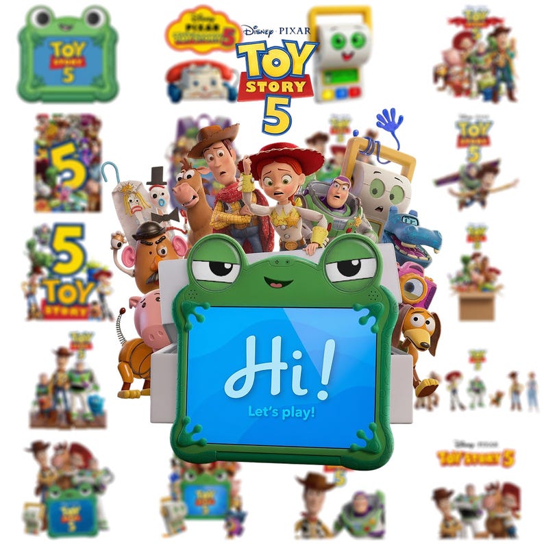 Pu&ograve; includere: Un tablet verde a forma di rana con uno schermo blu che mostra il testo Hi! Let's play! circondato da un collage di personaggi di Toy Story 5 tra cui Woody, Jessie e Buzz Lightyear, con vari loghi e icone di Toy Story 5.
