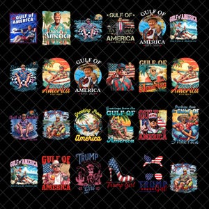 Op de afbeelding: Een collage van 16 afbeeldingen met verschillende ontwerpen met de tekst "Gulf of America" en "Trump Girl". De ontwerpen tonen een man met een cowboyhoed en zonnebril, een vrouw met hoge hakken en verschillende patriottische afbeeldingen.