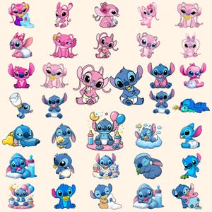 May include: A collection of cartoon character stickers featuring Stitch and Angel in various poses. The stickers showcase the characters in shades of blue and pink, with some holding baby bottles, pacifiers, and balloons. The overall theme is cute and playful.