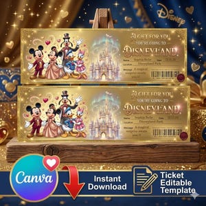 Puede incluir: Dos boletos de regalo de Disneylandia con ilustraciones de Mickey Mouse, Minnie Mouse, Goofy, Donald Duck y Daisy Duck. Los boletos tienen un fondo dorado con el texto "A GIFT FOR YOU, YOU'RE GOING TO DISNEYLAND". Los boletos están sobre un soporte de madera.