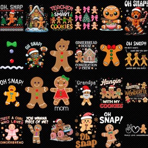 May include: A collection of Christmas-themed graphic designs featuring gingerbread men and women in various poses and outfits. Some designs include text like "OH SNAP!", "Teacher of Smart Cookies", and "Gingerbread House Construction Crew".