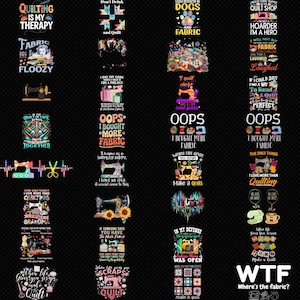 Puede incluir: Una colección de varios diseños con temática de acolchado sobre un fondo negro. Los diseños incluyen máquinas de coser, tela y texto humorístico como "Quilting is my therapy" y "Oops, I bought more fabric."