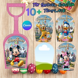 Puede incluir: Una pala de juguete rosa con un diseño de "Felices Pascuas" con Mickey Mouse. La imagen incluye plantillas con personajes de Disney y huevos de Pascua. El texto en la imagen dice "Toy Shovel Easter 10+ Template" y "Canva".