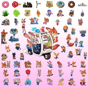May include: A collection of cartoon character stickers and illustrations from the animated movie Zootopia. The image features Judy Hopps in a ZPD vehicle, Nick Wilde, and various other animal characters, along with donuts, badges, and cityscapes.