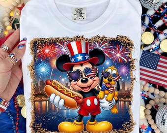 4th Of July Mouse PNG Patriotic Mouse Dog USA Fireworks Hotdog Cartoon Shirt Design Sublimation PNG Download