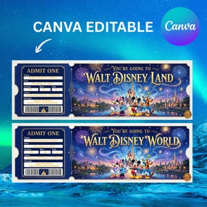Disneyland Disneyworld Ticket Template Canva Editable VIP Surprise Trip Reveal Birthday Gift Magic Park Fireworks Vacation Printable