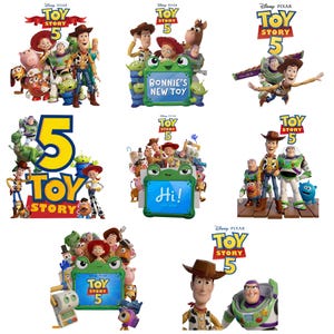 Pu&ograve; includere: Una raccolta di grafiche promozionali per il film d'animazione Toy Story 5, con i personaggi Woody, Buzz Lightyear, Jessie e altri. Le immagini includono il logo di Toy Story 5, una cornice a forma di rana e varie pose dei personaggi.