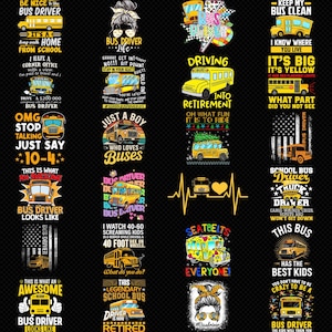 Puede incluir: Una colección de diseños gráficos con autobuses escolares y texto. Los diseños incluyen frases como "Bus Driver Life", "Just a Boy Who Loves Buses" y "Driving into Retirement". Las imágenes son de varios colores y estilos.