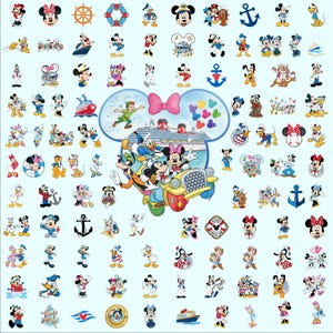 Puede incluir: Una colección de pegatinas coloridas de personajes de Disney, incluyendo Mickey Mouse, Minnie Mouse, Donald Duck y Goofy. Las pegatinas presentan varias poses y elementos náuticos como anclas y salvavidas, sobre un fondo azul claro.