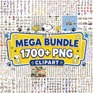 Puede incluir: Una colección digital de más de 1700 imágenes prediseñadas PNG de Snoopy y los personajes de Peanuts con varios temas, poses y diseños estacionales, centrada alrededor de una gran pancarta amarilla con el texto MEGA BUNDLE 1700+ PNG CLIPART.
