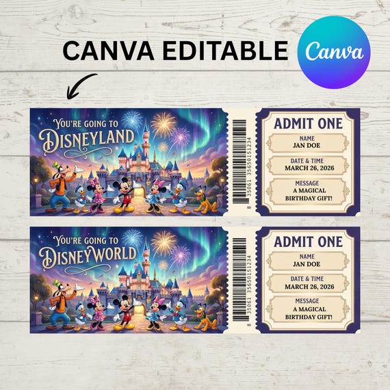 Canva Editable Mouse Theme Disneyland Ticket PNG, Printable Admit One Surprise Trip Gift PNG, Birthday Park Reveal Ticket Digital