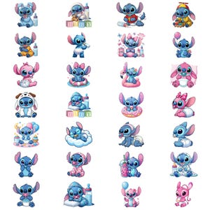 Puede incluir: Una colección de ilustraciones de dibujos animados de Stitch, el extraterrestre azul de Lilo & Stitch. Las imágenes muestran a Stitch con varios atuendos y poses temáticas de bebés, con accesorios como biberones, chupetes y globos. Algunas imágenes incluyen la palabra "BABY".