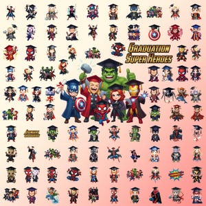 Puede incluir: Una colección de personajes de superhéroes de dibujos animados con birretes y togas de graduación. La imagen incluye personajes como el Capitán América, Thor y Spider-Man. El texto dice "Graduation Super Heroes" y "Avengers Graduated".