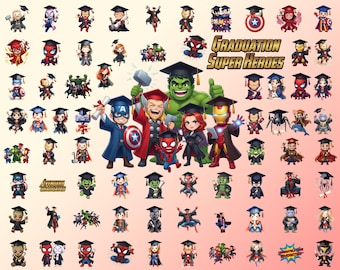 Pacchetto di 90 file PNG per la laurea a tema supereroi, studenti e insegnanti, design di simpatici personaggi dei cartoni animati, design di magliette per la laurea a tema cartoni animati, download digitale.