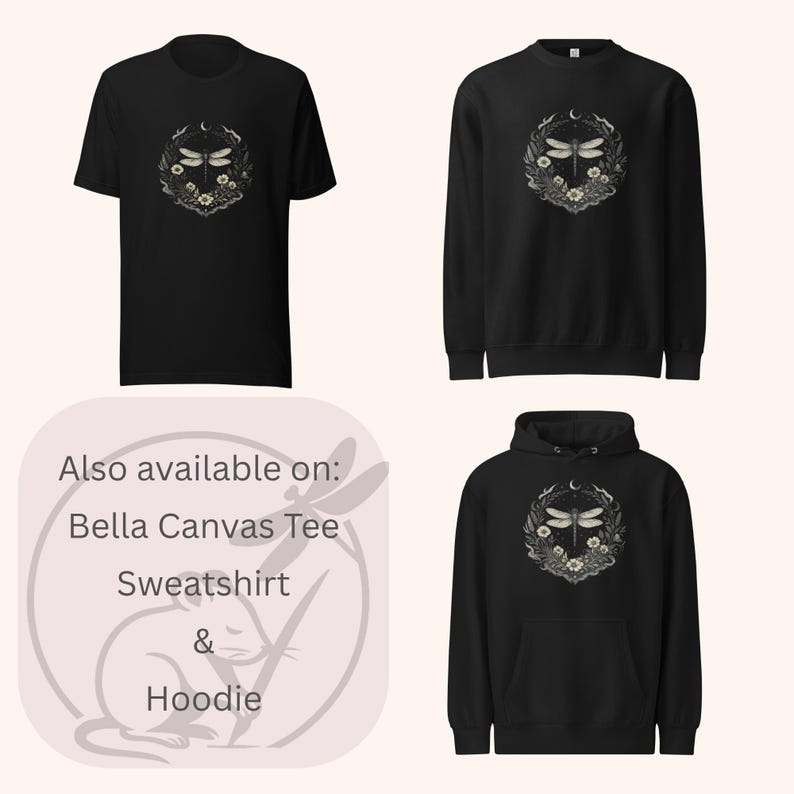 Bella Canvas tee, Comfort Colors tee, Lane Seven sweatshirt, and Lane Seven hoodie. Coordinated cottagecore, celestial, and nature-inspired apparel options designed for mix-and-match styling, seasonal layering, and symbolic comfort.