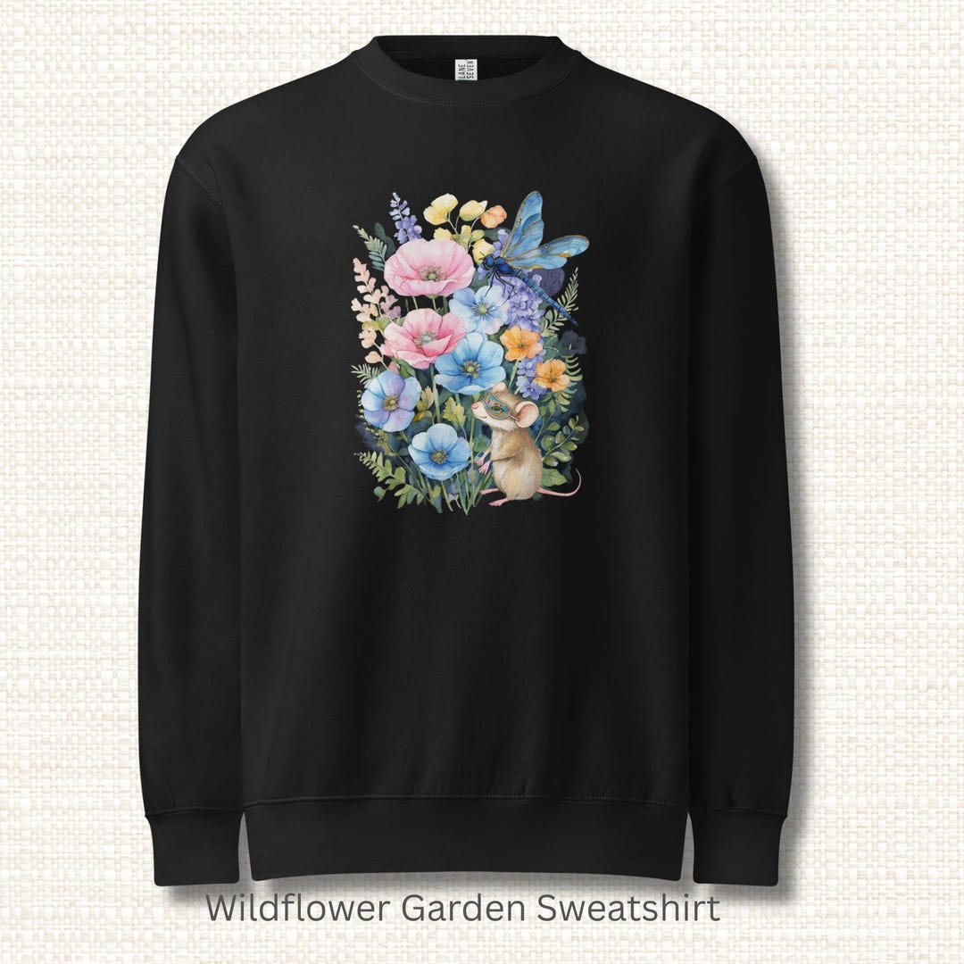 Cottagecore Wildflower Garden Sweatshirt Botanical Mouse & Dragonfly ...