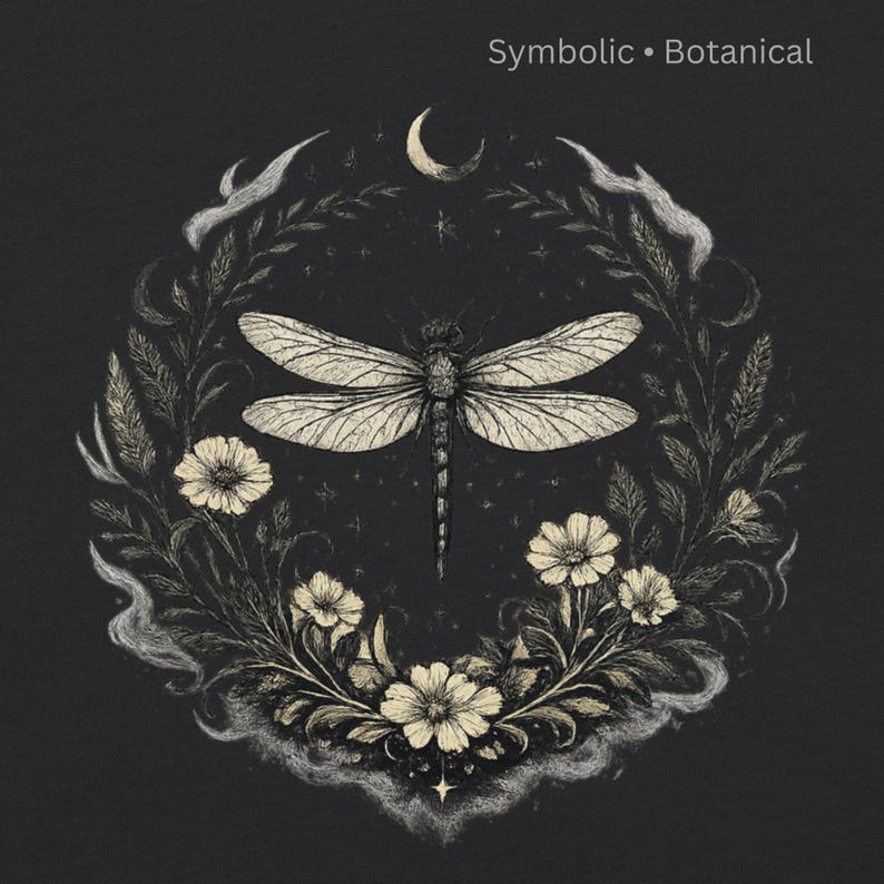 Macro close-up of the Dragonfly Sigil printed on Comfort Colors 1717 t-shirt. Fine-line illustration of a dragonfly, wildflowers, foliage, and crescent moon. Symbolic artwork representing transformation, emotional depth, and intuitive growth. Crisp DTFlex print on vintage-soft cotton.