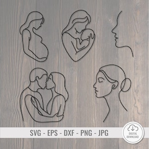 Puede incluir: Ilustraciones en negro, con trazos lineales, de una mujer embarazada, una madre con un bebé, un perfil femenino, una pareja besándose y una mujer con los ojos cerrados. El texto "SVG - EPS - DXX - PNG - JPG" está incluido.