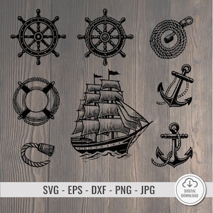 Puede incluir: Un conjunto de archivos de corte SVG de temática náutica en blanco y negro. El conjunto incluye un barco, un ancla, un salvavidas, una cuerda y un timón.