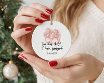 Christian Baby Girl Ornament with Bible Verse Pink Baby Shoes For This Child I Have Prayed Ceramic Christmas Ornament
