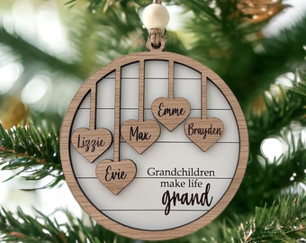 Personalized Grandchildren Name Christmas Ornament // Grandchildren Make Life Grand // Grandparents Gift // White Oak Wood // Hearts