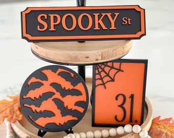 Halloween Tiered Tray Decor // Orange and Black Signs // Bats // October 31 // Spiderwebs // Spooky St // Autumn Fall Decor