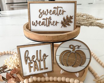 Fall Tiered Tray Decor // Hello Fall // Sweater Weather // Pumpkin // Autumn //Farmhouse Shiplap Style Wood Signs