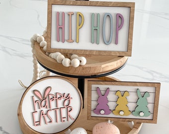 Easter Tiered Tray Decor // Pastel Wood Shiplap Signs // Hip Hop // Bunnies w/ Tails // Happy Easter // Farmhouse Style