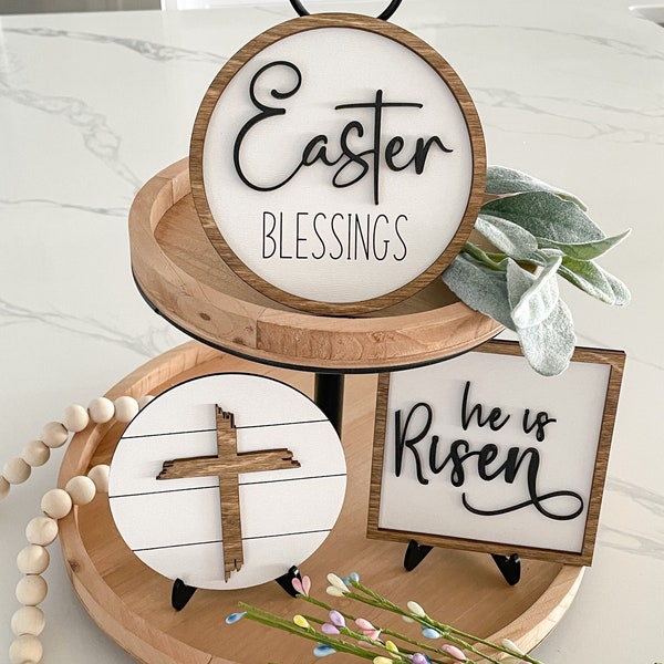 Easter Tiered Tray Decor Wood Signs // He is Risen // Easter Blessings // Cross // Farmhouse Style // Religious Signs
