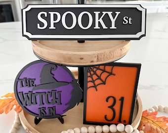 Halloween Tiered Tray Decor // Orange, Purple and Black Signs // Spiderwebs October 31 // The Witch Is In // Spooky St // Autumn Fall Decor